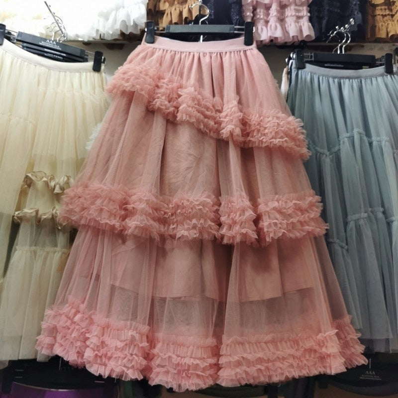 Multi-layer Fungus Edge Stitching Mesh Skirts Women Korean Version Elastic Waist Irregular Female Cake Skirts Yellow Color