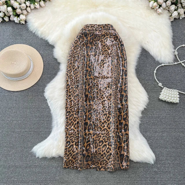 Print PU Leather Skirts For Women High Waist Mid Length Elegant Skirt Female