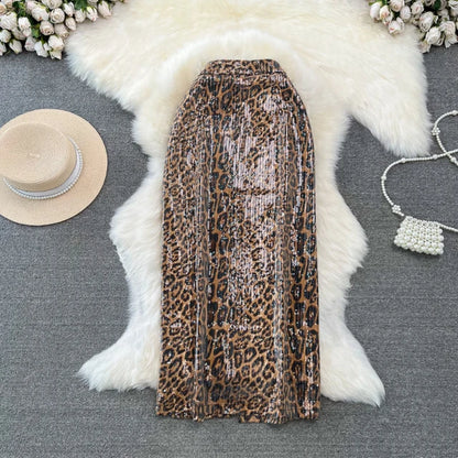 Print PU Leather Skirts For Women High Waist Mid Length Elegant Skirt Female
