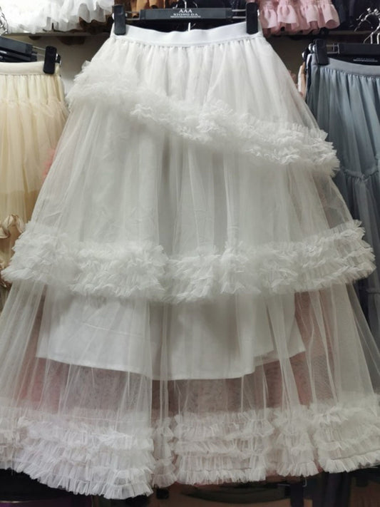 Multi-layer Fungus Edge Stitching Mesh Skirts Women Korean Version Elastic Waist Irregular Female Cake Skirts Yellow Color