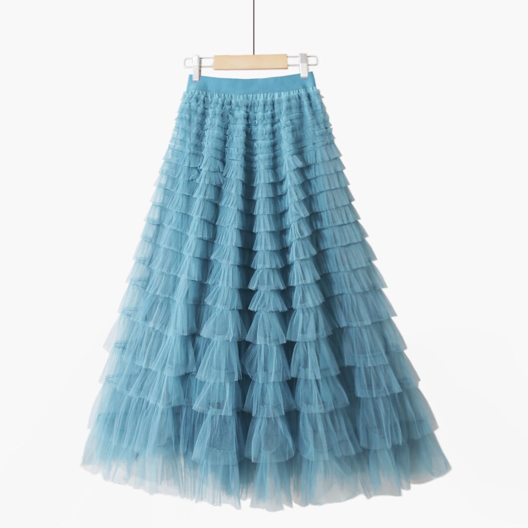 Multilayer Tulle Long Skirts Womens Spring Summer Korean Style Solid High Waist A-Line Tutu Skirt Female Mesh Pleated Maxi Skirt