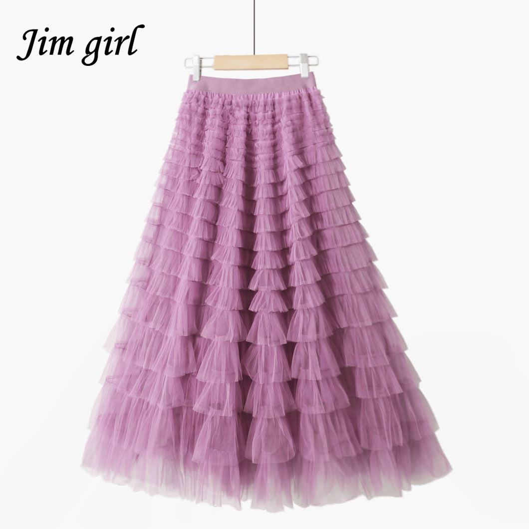 Multilayer Tulle Long Skirts Womens Spring Summer Korean Style Solid High Waist A-Line Tutu Skirt Female Mesh Pleated Maxi Skirt