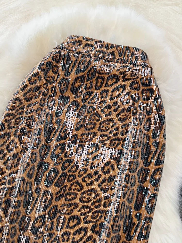 Print PU Leather Skirts For Women High Waist Mid Length Elegant Skirt Female