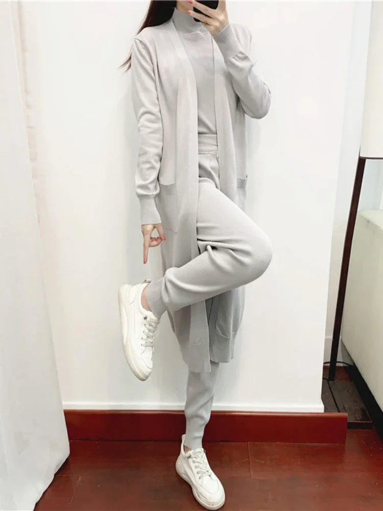 3 Piece Sets Womens Outifits Autumn Casual Solid Knit Suit Cardigan Vest Pants Sets Matching Sets Korean Fashion Womens Clothing