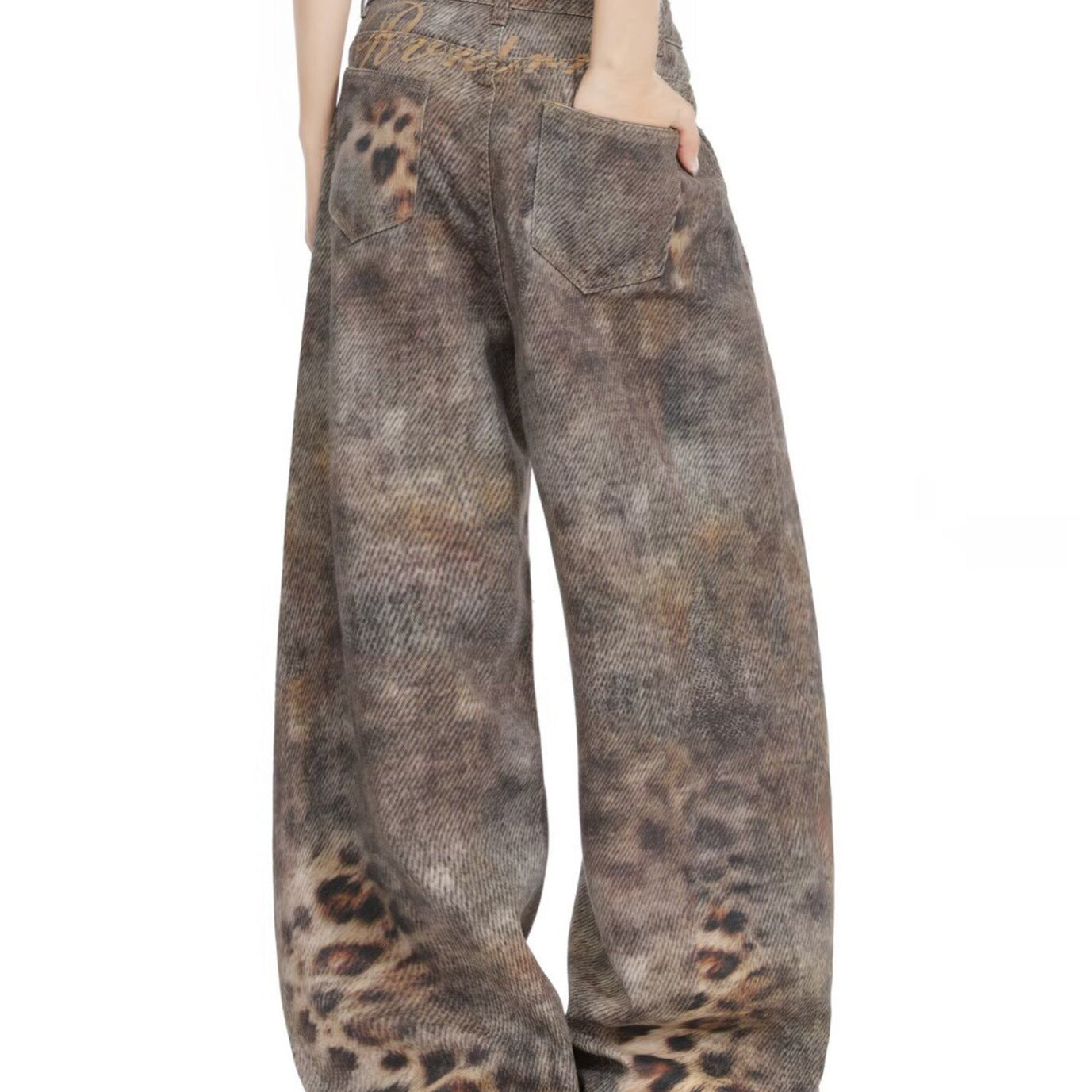 Leopard Print Knife Cut Denim Pants for Women