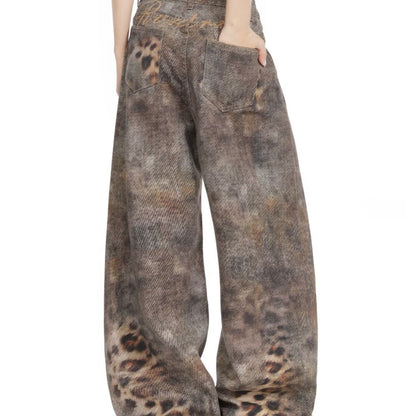 Leopard Print Knife Cut Denim Pants for Women