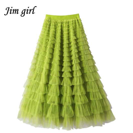 Multilayer Tulle Long Skirts Womens Spring Summer Korean Style Solid High Waist A-Line Tutu Skirt Female Mesh Pleated Maxi Skirt