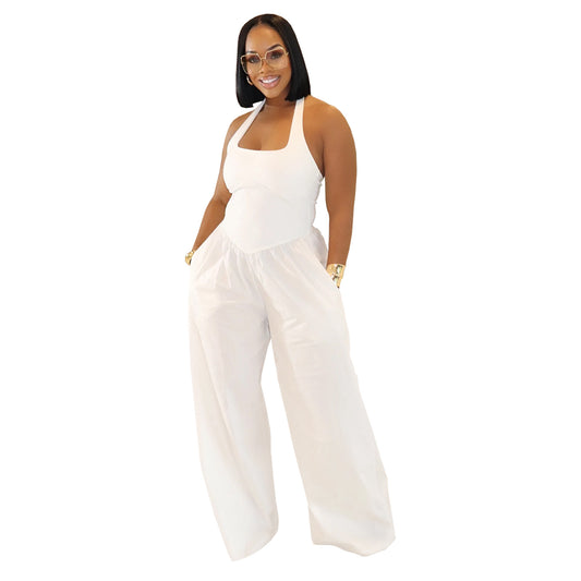 Loose Backless Halter Solid Color Jumpsuit for Women