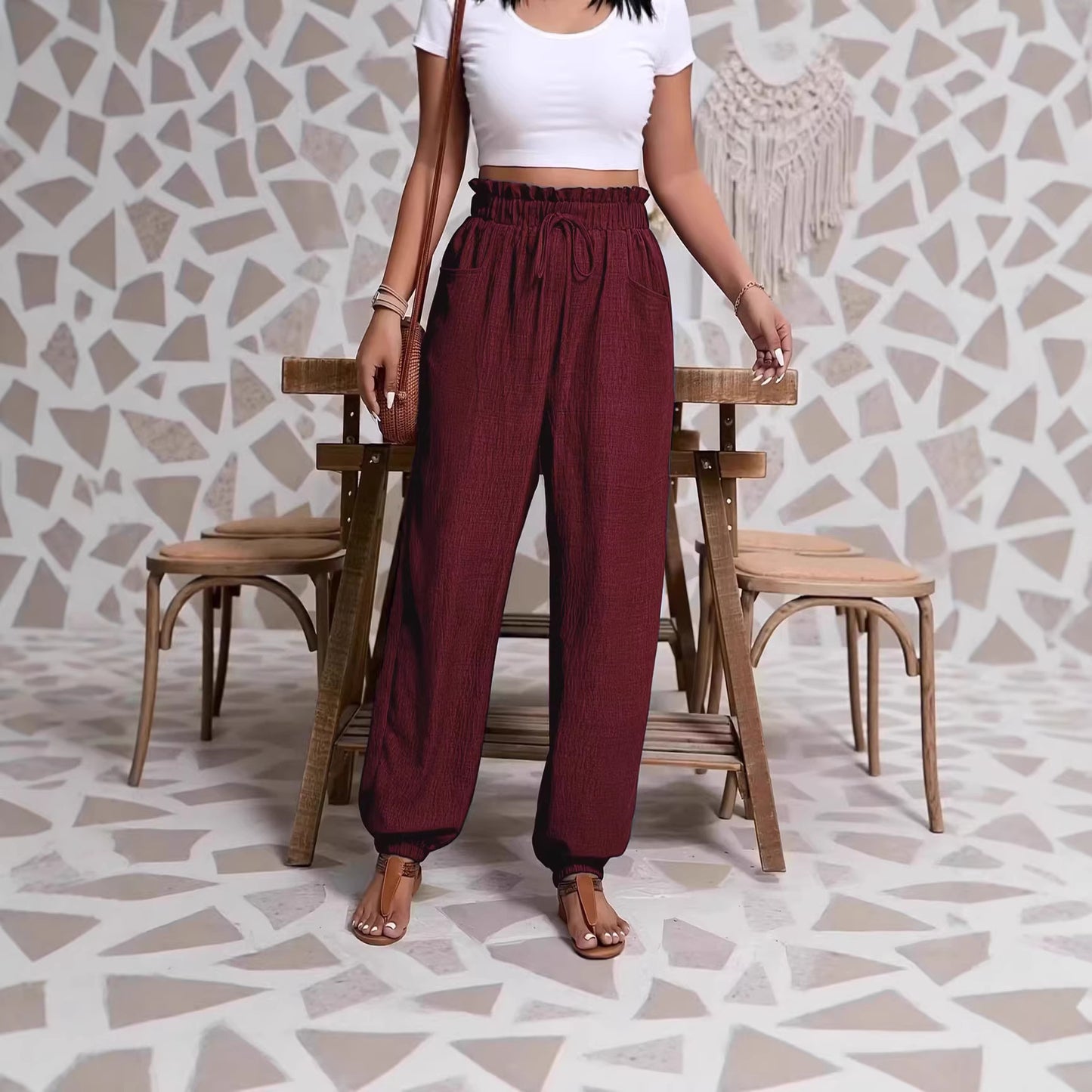 Elastic solid color pants for women