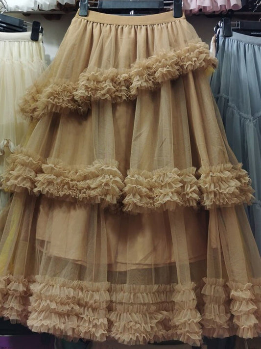Multi-layer Fungus Edge Stitching Mesh Skirts Women Korean Version Elastic Waist Irregular Female Cake Skirts Yellow Color