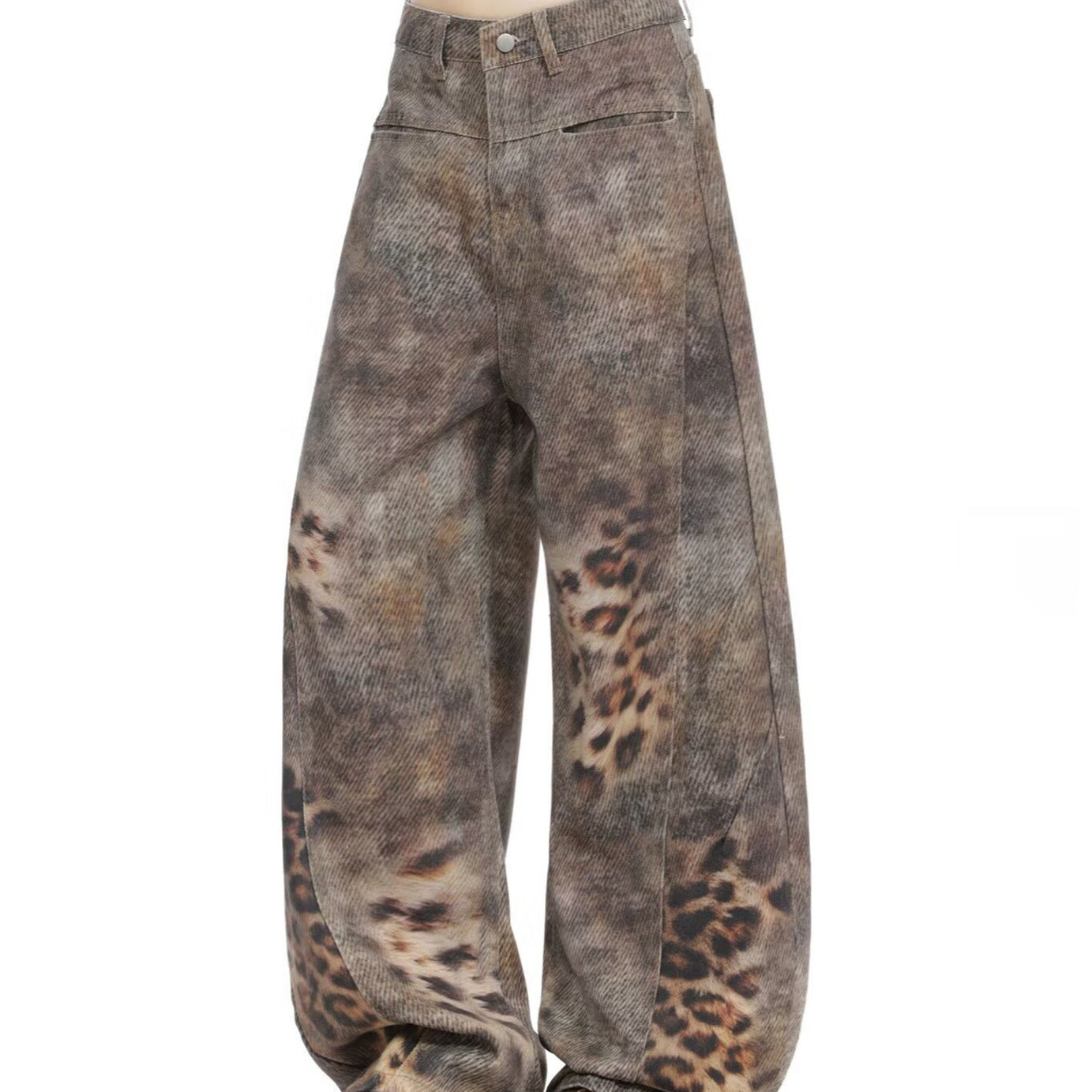 Leopard Print Knife Cut Denim Pants for Women