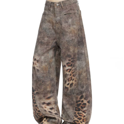Leopard Print Knife Cut Denim Pants for Women