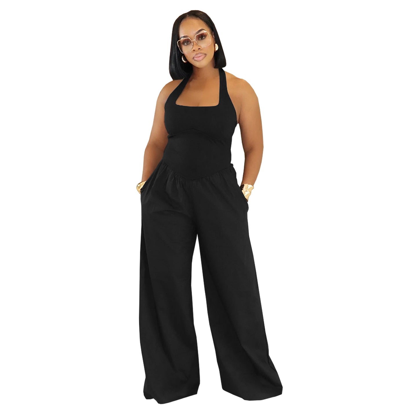Loose Backless Halter Solid Color Jumpsuit for Women