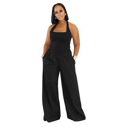 Loose Backless Halter Solid Color Jumpsuit for Women