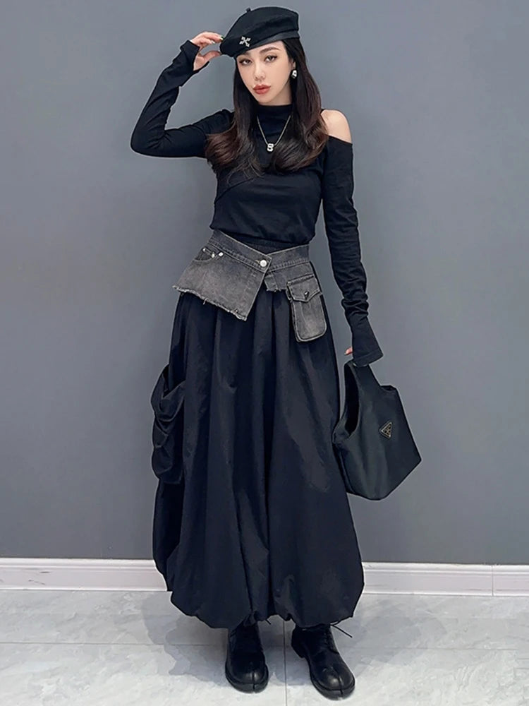 Denim Patchwork Skirt For Women Winter New Versatile Contrast Color Loose Big Pocket Ankle Length Skirts