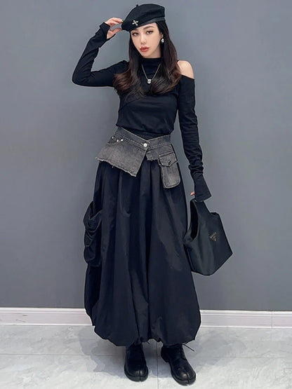 Denim Patchwork Skirt For Women Winter New Versatile Contrast Color Loose Big Pocket Ankle Length Skirts