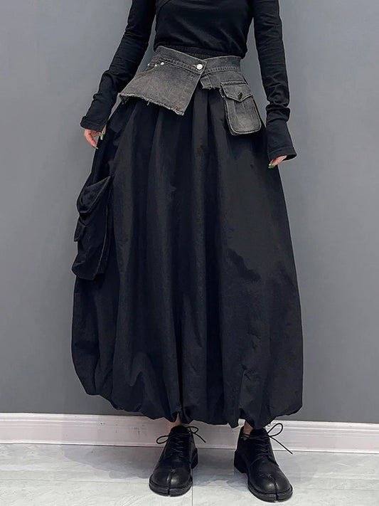Denim Patchwork Skirt For Women Winter New Versatile Contrast Color Loose Big Pocket Ankle Length Skirts