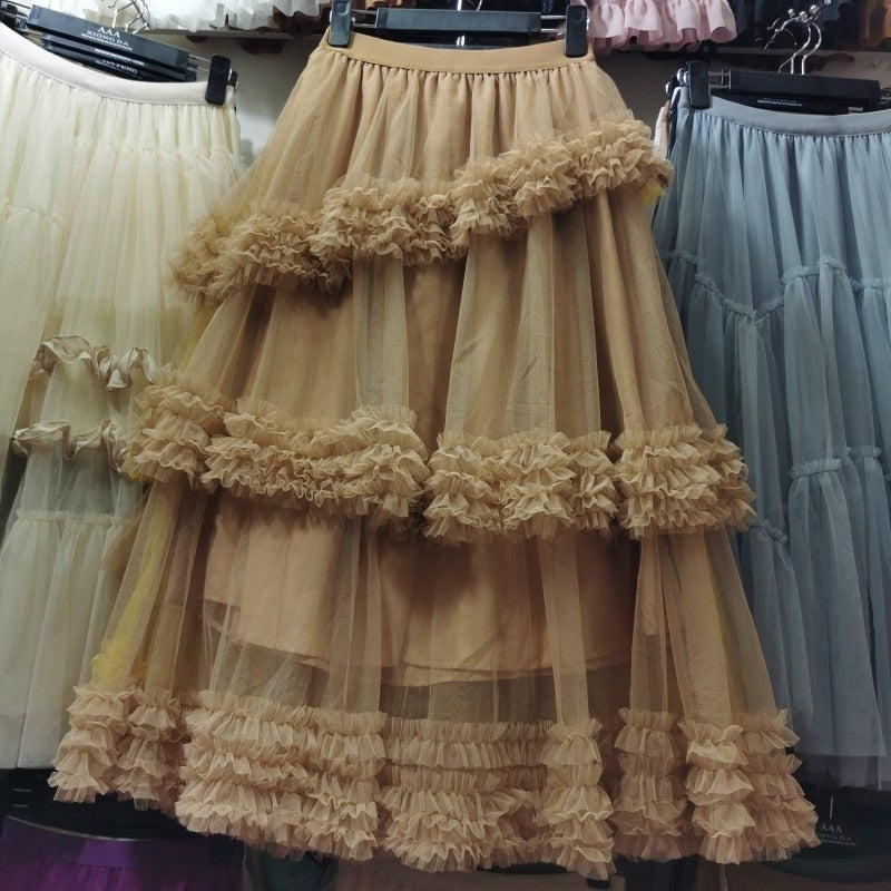 Multi-layer Fungus Edge Stitching Mesh Skirts Women Korean Version Elastic Waist Irregular Female Cake Skirts Yellow Color