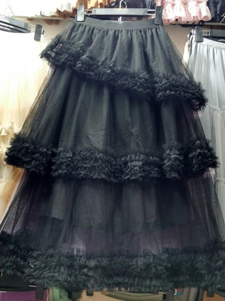 Multi-layer Fungus Edge Stitching Mesh Skirts Women Korean Version Elastic Waist Irregular Female Cake Skirts Yellow Color