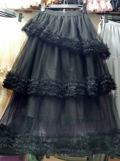 Multi-layer Fungus Edge Stitching Mesh Skirts Women Korean Version Elastic Waist Irregular Female Cake Skirts Yellow Color