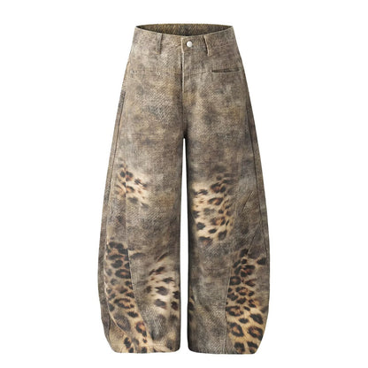 Leopard Print Knife Cut Denim Pants for Women
