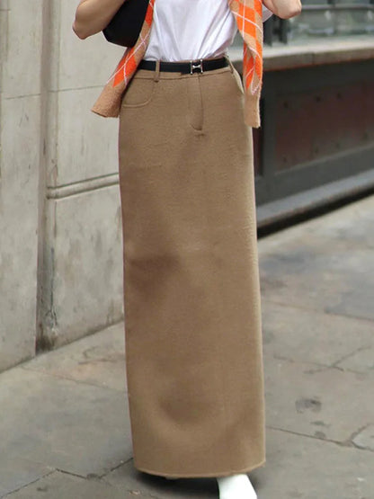 Brown Woolen Half Length Skirt For Women's Bottom Clothes High Waist Straight Tube Suit Skirts