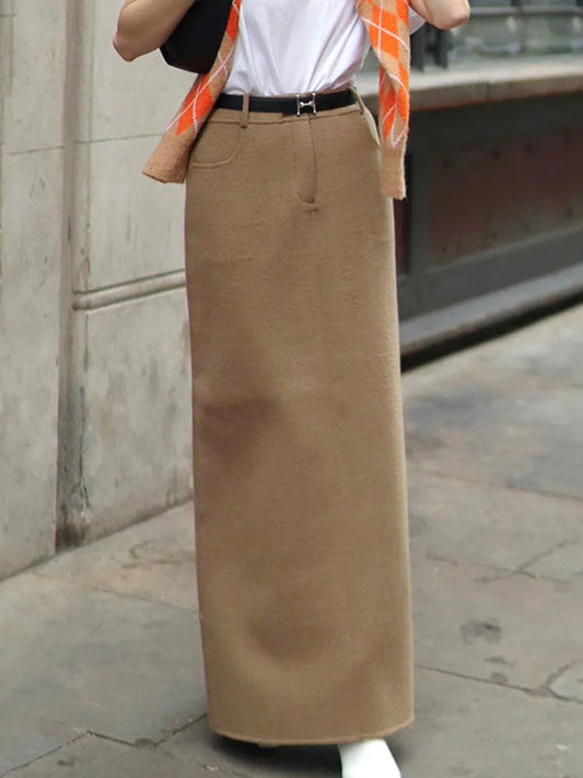 Brown Woolen Half Length Skirt For Women's Bottom Clothes High Waist Straight Tube Suit Skirts