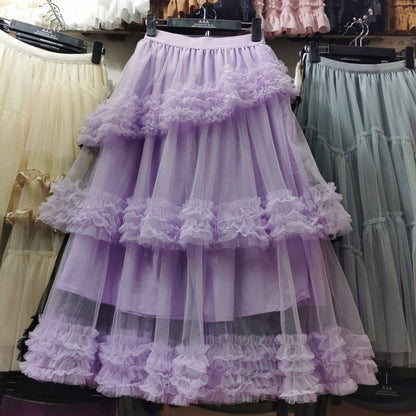 Multi-layer Fungus Edge Stitching Mesh Skirts Women Korean Version Elastic Waist Irregular Female Cake Skirts Yellow Color