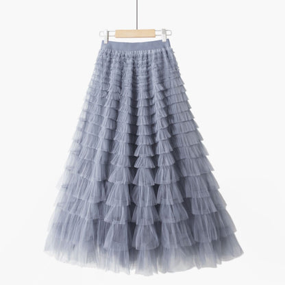 Multilayer Tulle Long Skirts Womens Spring Summer Korean Style Solid High Waist A-Line Tutu Skirt Female Mesh Pleated Maxi Skirt