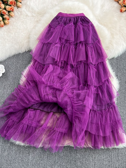 TIGENA Tutu Tulle Long Skirts Womens Spring Korean Solid A Line High Waist Mesh Tiered Maxi Skirt Female Faldas Aesthetic