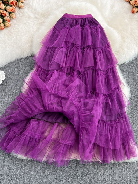 TIGENA Tutu Tulle Long Skirts Womens Spring Korean Solid A Line High Waist Mesh Tiered Maxi Skirt Female Faldas Aesthetic