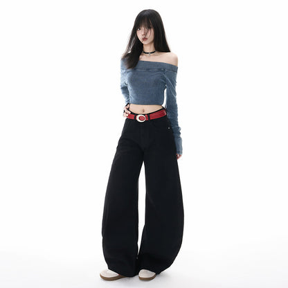 Retro Oversized Knife-Edge Denim Pants for Women