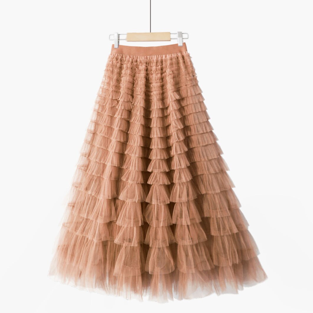 Multilayer Tulle Long Skirts Womens Spring Summer Korean Style Solid High Waist A-Line Tutu Skirt Female Mesh Pleated Maxi Skirt