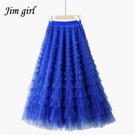 Multilayer Tulle Long Skirts Womens Spring Summer Korean Style Solid High Waist A-Line Tutu Skirt Female Mesh Pleated Maxi Skirt