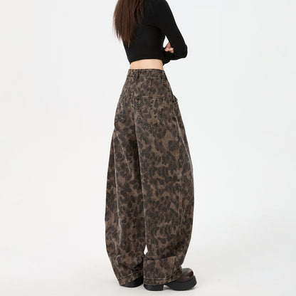 Leopard Print Knife Cut Jeans Women Pants