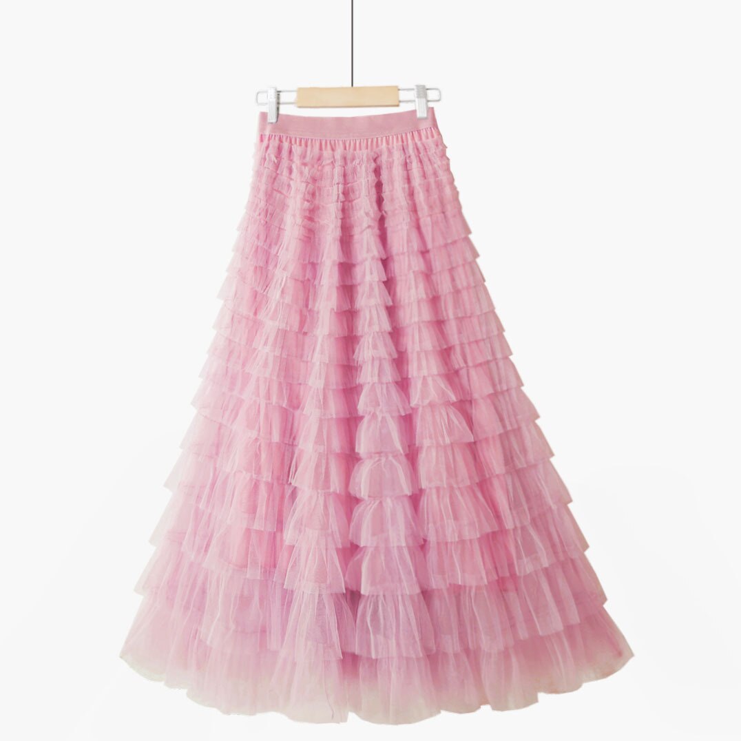 Multilayer Tulle Long Skirts Womens Spring Summer Korean Style Solid High Waist A-Line Tutu Skirt Female Mesh Pleated Maxi Skirt
