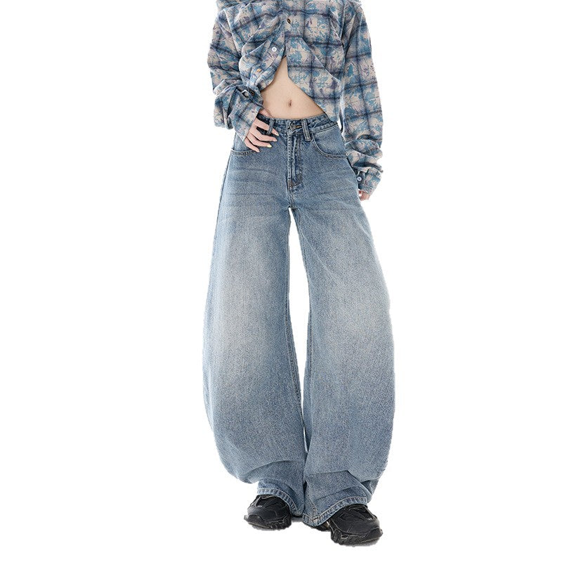 Retro Oversized Knife-Edge Denim Pants for Women