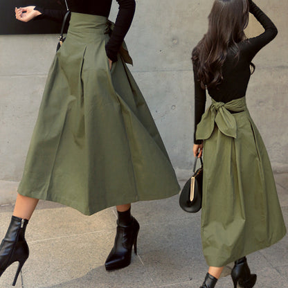 Skirts Womens Korean Fashion Solid Color Big Swing Ladies Skirt Long Skirt  Autumn Wild High Waist Bow Slim Skirts