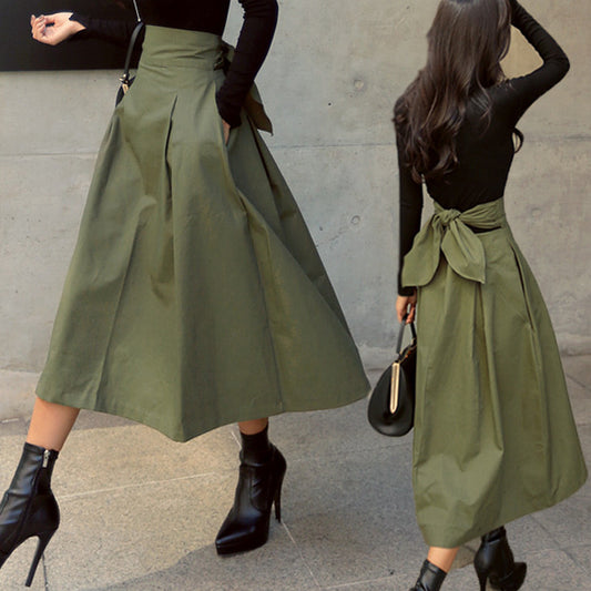 Skirts Womens Korean Fashion Solid Color Big Swing Ladies Skirt Long Skirt  Autumn Wild High Waist Bow Slim Skirts