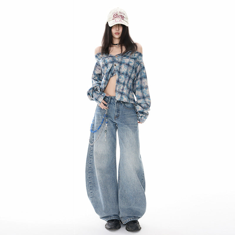 Retro Oversized Knife-Edge Denim Pants for Women