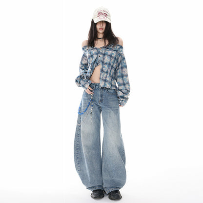 Retro Oversized Knife-Edge Denim Pants for Women