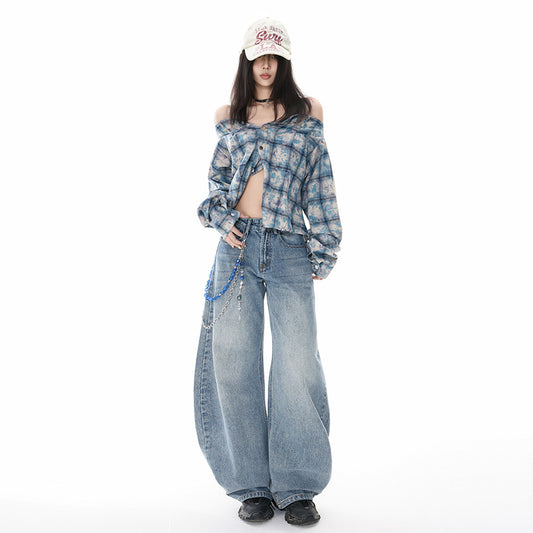 Retro Oversized Knife-Edge Denim Pants for Women