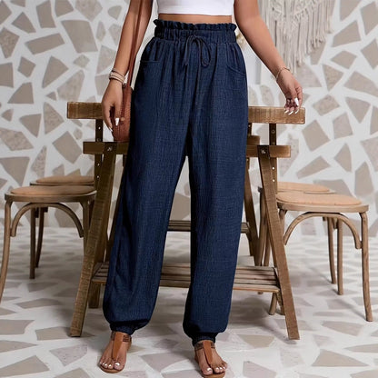 Elastic solid color pants for women